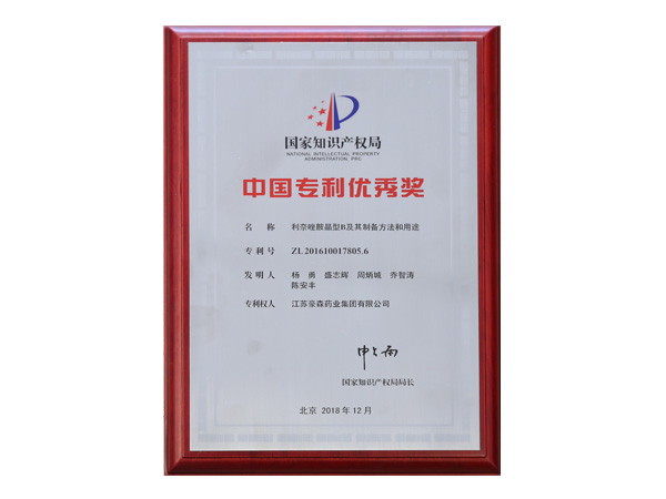 China Patent Excellence Award (Linezolid and Glucose Injection) 